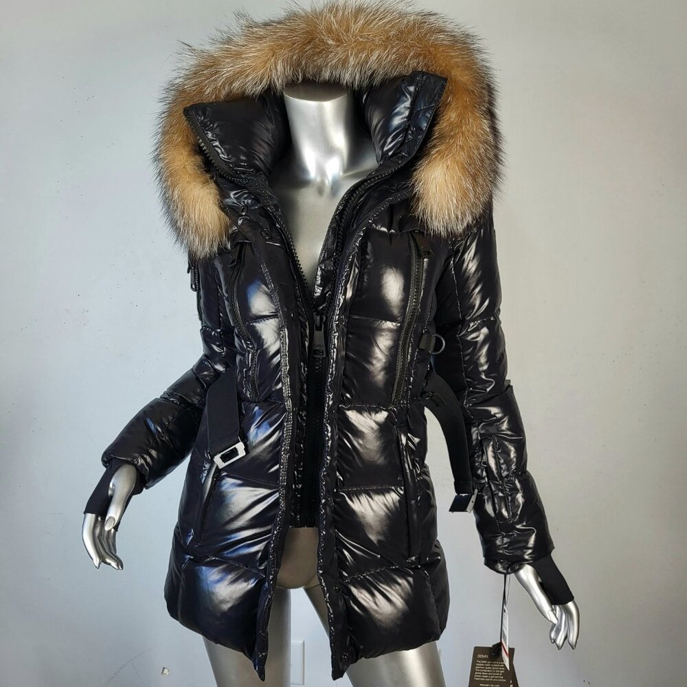 Women's winter warm Black Puffer Jacket with Fur Trim